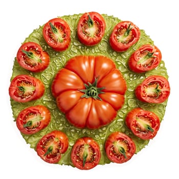 Tomato mandala a vibrant circular arrangement of ripe tomatoes with juice splashing and seeds scattering. Food isolated on transparent background.