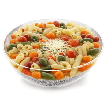 Hearty minestrone soup in transparent bowl pasta swirling beans tumbling vegetables spinning parmesan cheese grating. Food isolated on transparent background.