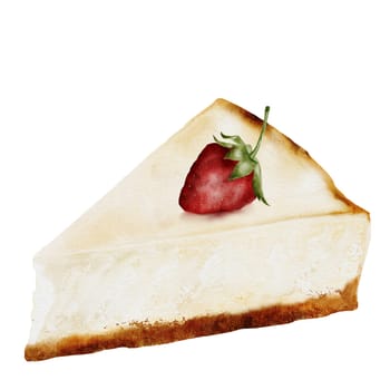 Classic cheesecake. Watercolor illustration of New York cheesecake on isolated white background. A piece of cottage cheese pie decorated with berries. Ideal for coffee shop, pastry shop menu and logo. High quality photo