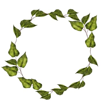 Watercolor round frame of delicate green branches isolate on a white background. Wreath of leaves for designing invitations, cards and tags. High quality illustration