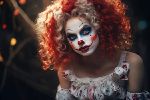 Redhead girl with clown makeup on her face Halloween