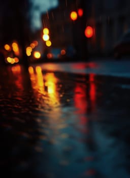 Lights and shadows of a big city. Blurred image of city streets after rain with reflections on wet asphalt. Abstract urban background with neon lights. 