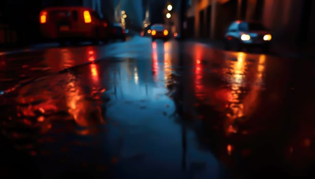 Lights and shadows of a big city. Blurred image of city streets after rain with reflections on wet asphalt. Abstract urban background with neon lights. 