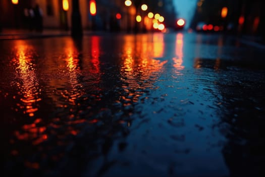 Lights and shadows of a big city. Blurred image of city streets after rain with reflections on wet asphalt. Abstract urban background with neon lights. 