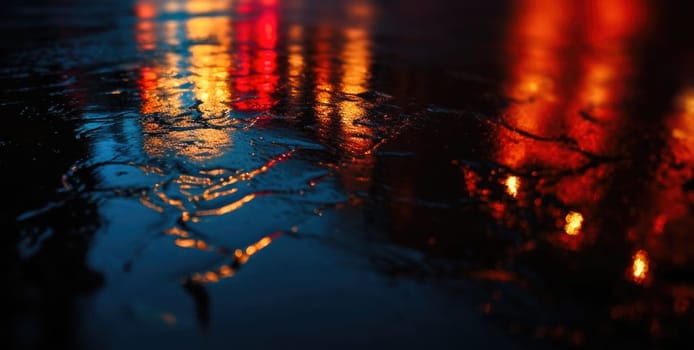 Lights and shadows of a big city. Blurred image of city streets after rain with reflections on wet asphalt. Abstract urban background with neon lights. 