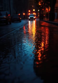 Lights and shadows of a big city. Blurred image of city streets after rain with reflections on wet asphalt. Abstract urban background with neon lights. 