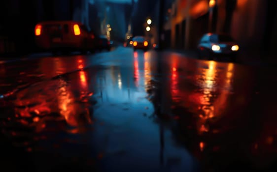 Lights and shadows of a big city. Blurred image of city streets after rain with reflections on wet asphalt. Abstract urban background with neon lights. 