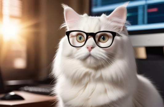 A Persian white cat in the glasses near computer