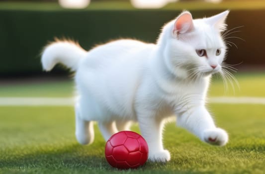 Kitten plays football on green grass in the garden