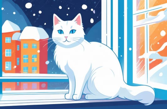 White cat with blue eyes near the window on a day