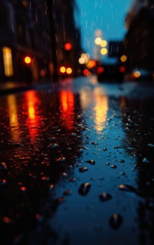Lights and shadows of a big city. Blurred image of city streets after rain with reflections on wet asphalt. Abstract urban background with neon lights. 