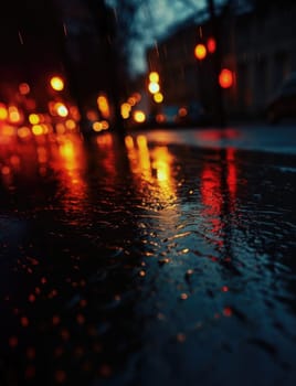 Lights and shadows of a big city. Blurred image of city streets after rain with reflections on wet asphalt. Abstract urban background with neon lights. 