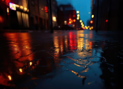 Lights and shadows of a big city. Blurred image of city streets after rain with reflections on wet asphalt. Abstract urban background with neon lights. 