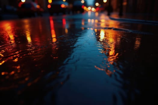 Lights and shadows of a big city. Blurred image of city streets after rain with reflections on wet asphalt. Abstract urban background with neon lights. 