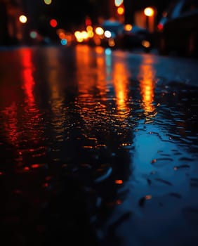 Lights and shadows of a big city. Blurred image of city streets after rain with reflections on wet asphalt. Abstract urban background with neon lights. 