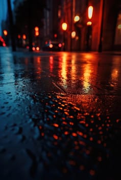Lights and shadows of a big city. Blurred image of city streets after rain with reflections on wet asphalt. Abstract urban background with neon lights. 