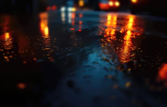 Lights and shadows of a big city. Blurred image of city streets after rain with reflections on wet asphalt. Abstract urban background with neon lights. 