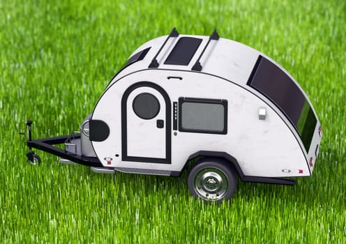 Teardrop trailer on tall grass background. 3D illustration.