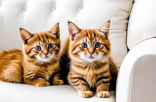 Red fluffy kittens with blue eyes on a white sofa