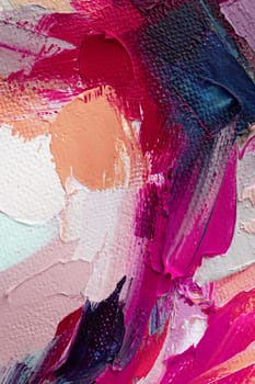 The artwork displays a dynamic arrangement of bold colors, emphasizing thick brush strokes that create a rich texture. Pinks and reds blend seamlessly with subtle neutrals for visual depth.