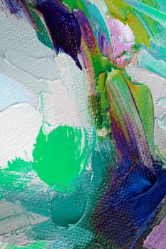 The artwork features an energetic display of color with dynamic brush strokes blending greens, purples, and blues, evoking a sense of movement and creativity.