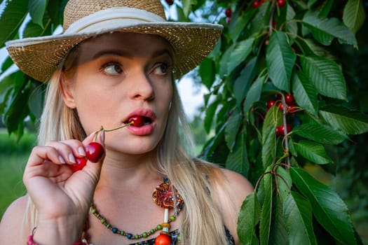 In the radiant warmth of summer, a captivating scene unfolds beneath the canopy of a cherry tree laden with ripe, ruby-red fruit. A woman, with blonde hair framing her face, gazes to the side, her emerald eyes alight with delight. Her lips, adorned with a luscious cherry, part in a subtle smile as she savors the moment. Clad in summery attire befitting the season, she exudes an air of carefree elegance. Atop her head rests a straw hat, shielding her from the sun's golden rays. Around her neck, a necklace of vibrant beads adds a splash of color to her ensemble, echoing the hues of the bountiful harvest before her. The cherry tree, a portrait of abundance, stands tall and proud, its branches heavy with the promise of sweetness. Its leaves, a rich shade of verdant green, rustle gently in the warm breeze, heralding the arrival of the harvest season. In this idyllic setting, amidst nature's bounty, the woman embodies a sense of tranquility and harmony. With the taste of summer on her lips and the beauty of the orchard surrounding her, she finds solace in the simple pleasures of life, embracing the joyous rhythm of nature's cycle.
