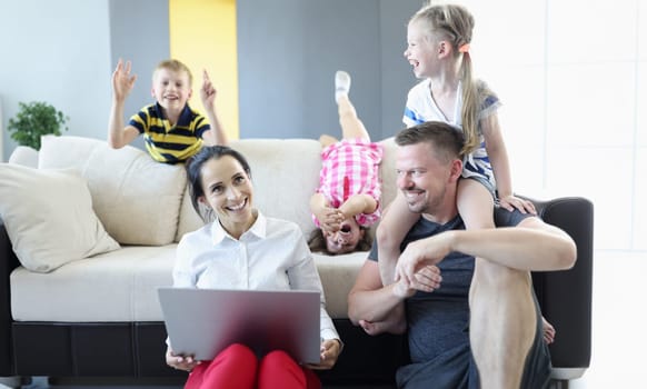 Family with children spend their home time in quarantine. Home games with children concept