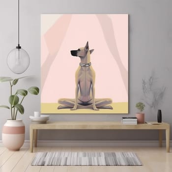 dog asana woman yoga posture mat relax workout healthy home cartoon stretching body wellness sport fitness lifestyle training illustration young puppy. Generative AI.