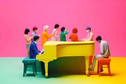 modern colourful design retro trend musician music concept band fantasy piano performance event art illustration background poster entertainment people concert. Generative AI.