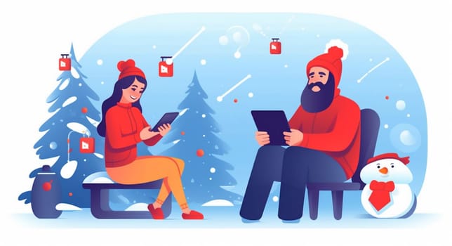 celebration woman holiday santa christmas home happy character house cartoon gift computer family decoration new laptop communication male concept person. Generative AI.