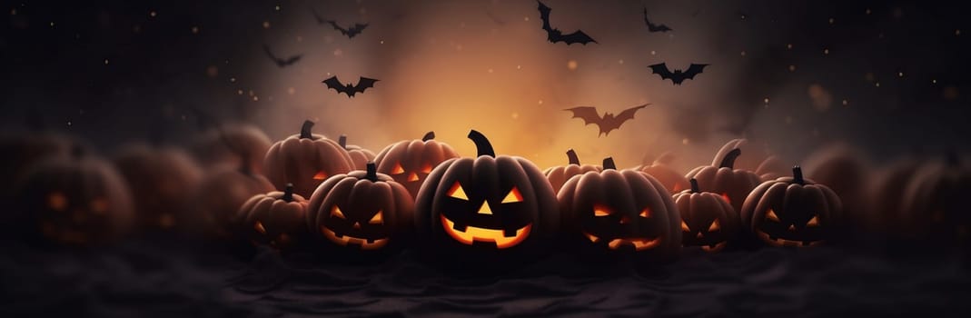 black autumn illustration fall blue halloween pumpkin funny mystery table background wood horror dark spooky night forest fear gothic bat tree. Generative AI.