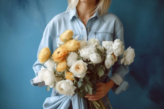 present woman trendy beautiful green floral blossom yellow white tulip romantic fresh flower mother sweater gift person bouquet blue rose hand. Generative AI.