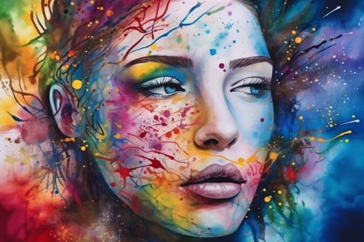 woman design art portrait illustration splash glamour eye artist face artistic day make-up beauty colourful watercolor abstract fashion red lip style women's. Generative AI.