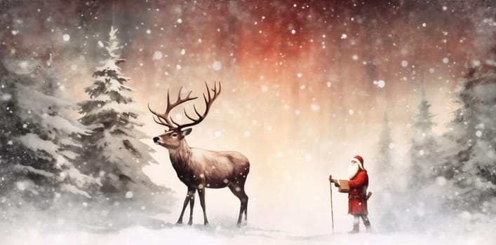 victorian snow christmas claus eve postcard night winter greeting sleigh traditional happy deer illustration vintage card reindeer banner retro santa. Generative AI.
