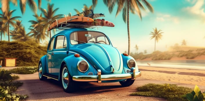 trip summer traveler tropical car drive transportation tourism beach suitcase sun travel palm sand vintage sea road retro vacation surfing. Generative AI.