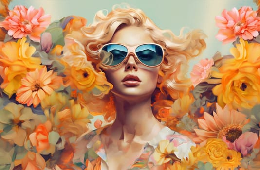 fashion woman artwork tropical bouquet face poster blossom trend art young retro flower portrait design contemporary model elegance rose abstract girl. Generative AI.