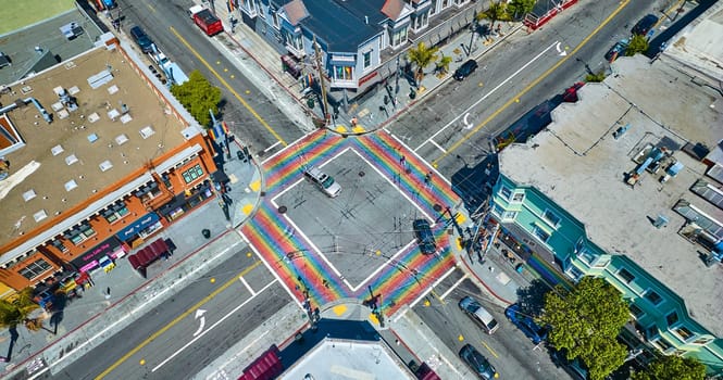 Image of Rainbow crosswalks in Castro District aerial downward view with shops