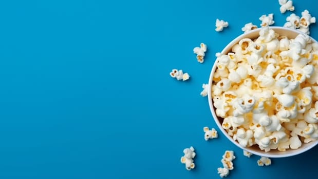 Popcorn on a blue background. High quality photo