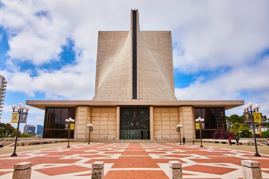 Image of Straight on shot of Cathedral of Saint Mary of the Assumption entrance with cloudy blue sky