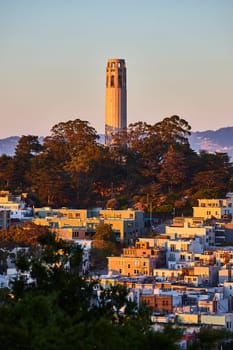 Image of Golden hour hitting apartment buildings and Coit Tower on Telegraph Hill