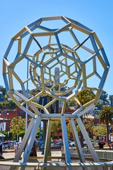 Image of Hexagon and polygon ball optical illusion art with Coit Tower in center