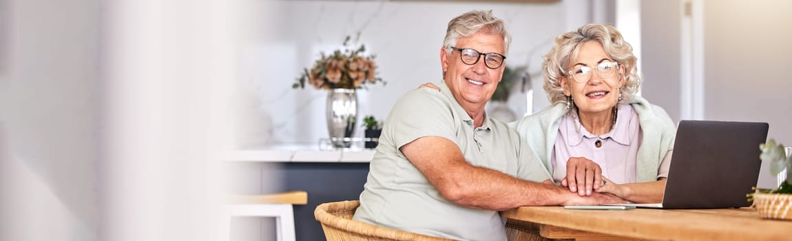 Banner, portrait and a senior couple with a laptop for an email, connection or home finance. Happy, technology and an elderly man and woman with a computer for insurance, planning or internet.