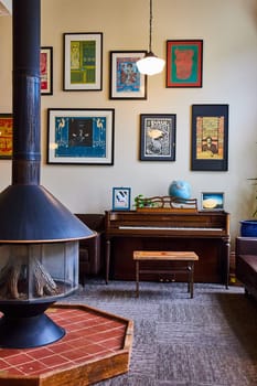 Image of Interior lobby with piano and old fireplace at Fort Mason