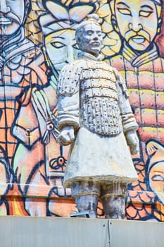 Image of Chinese man statue standing in front of soldier mural