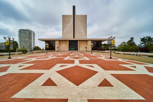 Image of Long view of sidewalk geometric shapes leading to Cathedral of Saint Mary of the Assumption entrance