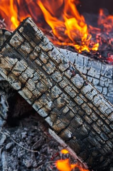 Image of d close up of burnt and charred logs in fire with flames in background