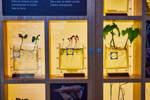 Image of Different plants on display inside clear containers so roots are visible