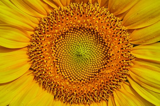Image of Macro shot of inner seeds of open yellow sunflower