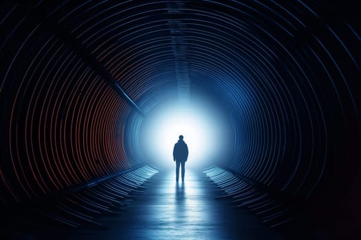 Light at the end of the tunnel and the single man standing, generative ai