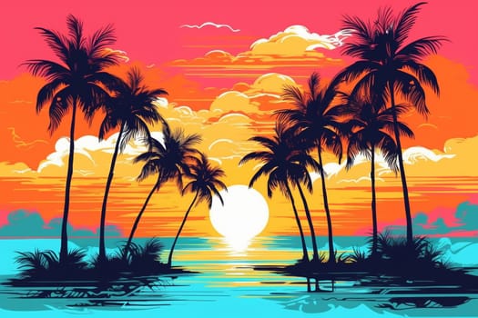 Graphic image with many palm trees and sunset, generative ai